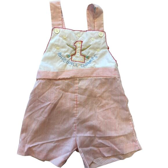 Vintage 1970s Mayfair Baby Romper 24M Baseball Champs Embroidered Shortall - Picture 1 of 6